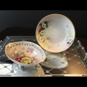Vintage Handpainted Porcelain 2pc Footed Bowls